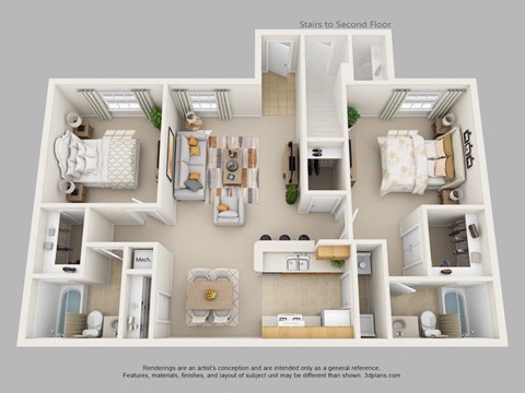 Floor plan for 2 beds, 2 baths, 1090 sqft